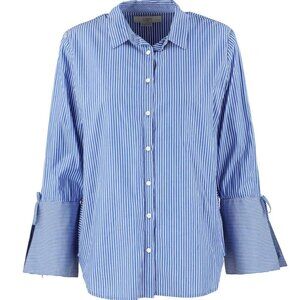 Loft Blue Striped Long Sleeve Button Down Top with Bell Sleeves, Size XL